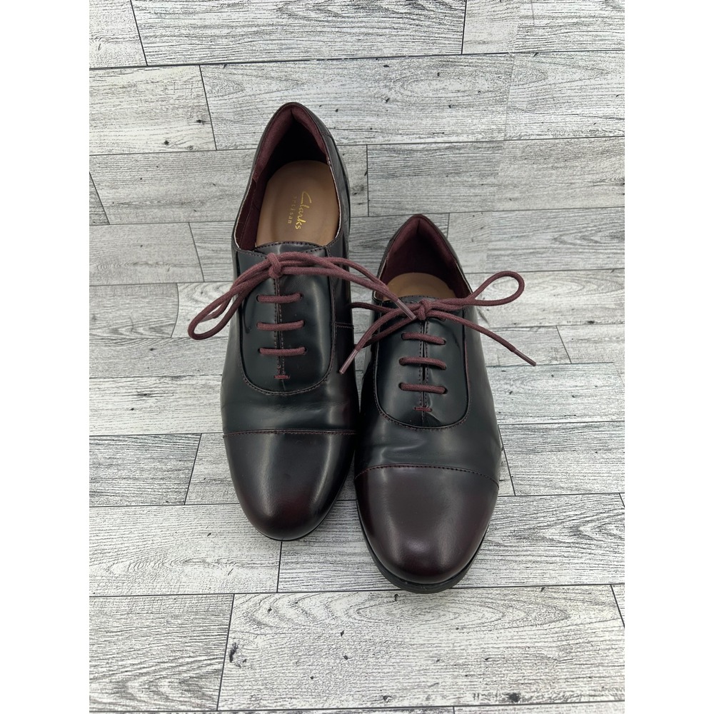 Clarks Artisan Women Sz 7.5M Black Burgundy Leather Cap Toe Oxford Shoes